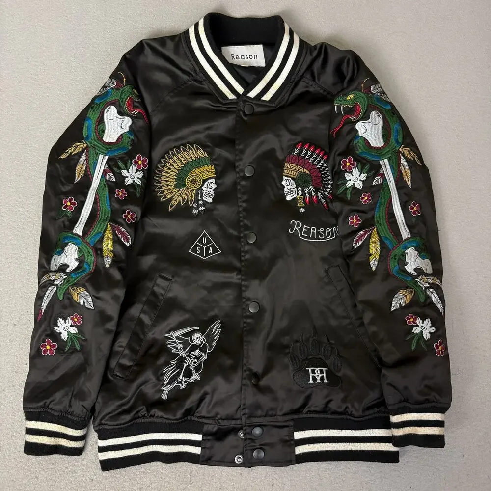 Reason NYC Satin Bomber Jacket Mens L Black Embroidered Skull Snake Varsity